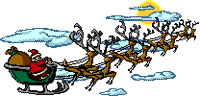Santa Claus flying in sleigh with reindeer