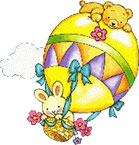 Easter bunnies flying in an Easter basket