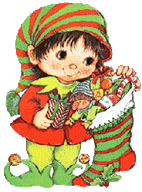 little elf with Christmas stocking full of presents