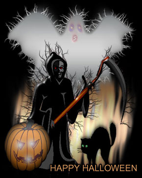 halloween scene - grim reaper, black cat, ghosts