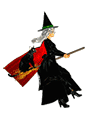 witch flying on her broom with a black cat