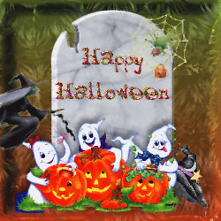 Halloween scene with ghosts, graveyard and witch
