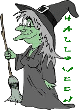 green witch with her broom